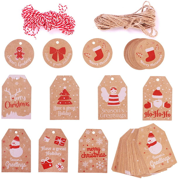 New 100Pcs Christmas Kraft Paper Gift Tags Label Luggage Blank+10M Red Strings